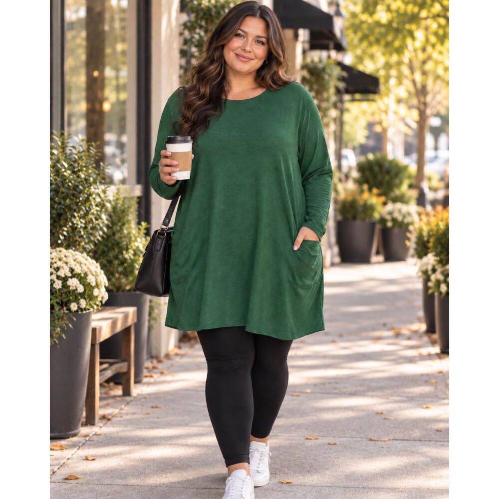 Kissmoda Plus Size 2X Green Long Sleeve Tunic Top Pockets Relaxed Fit NWT